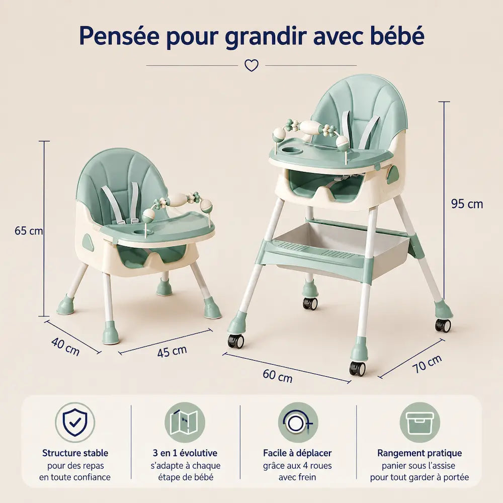 Chaise haute bébé 3 en 1 - Évolutive | Élyna